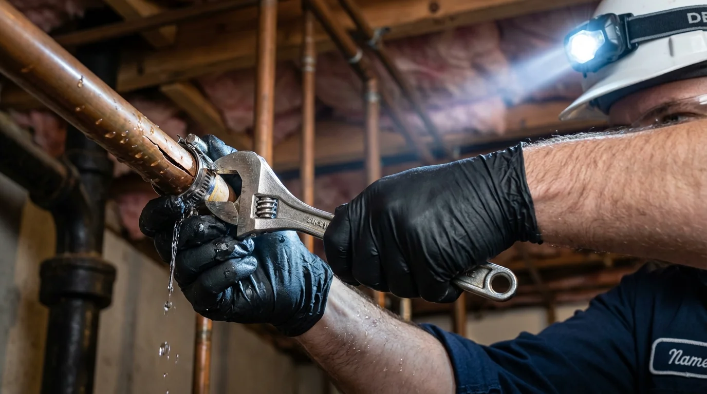 Emergency pipe clamp repair being performed by a Johns Plumbing LLC plumber in Mount Pleasant