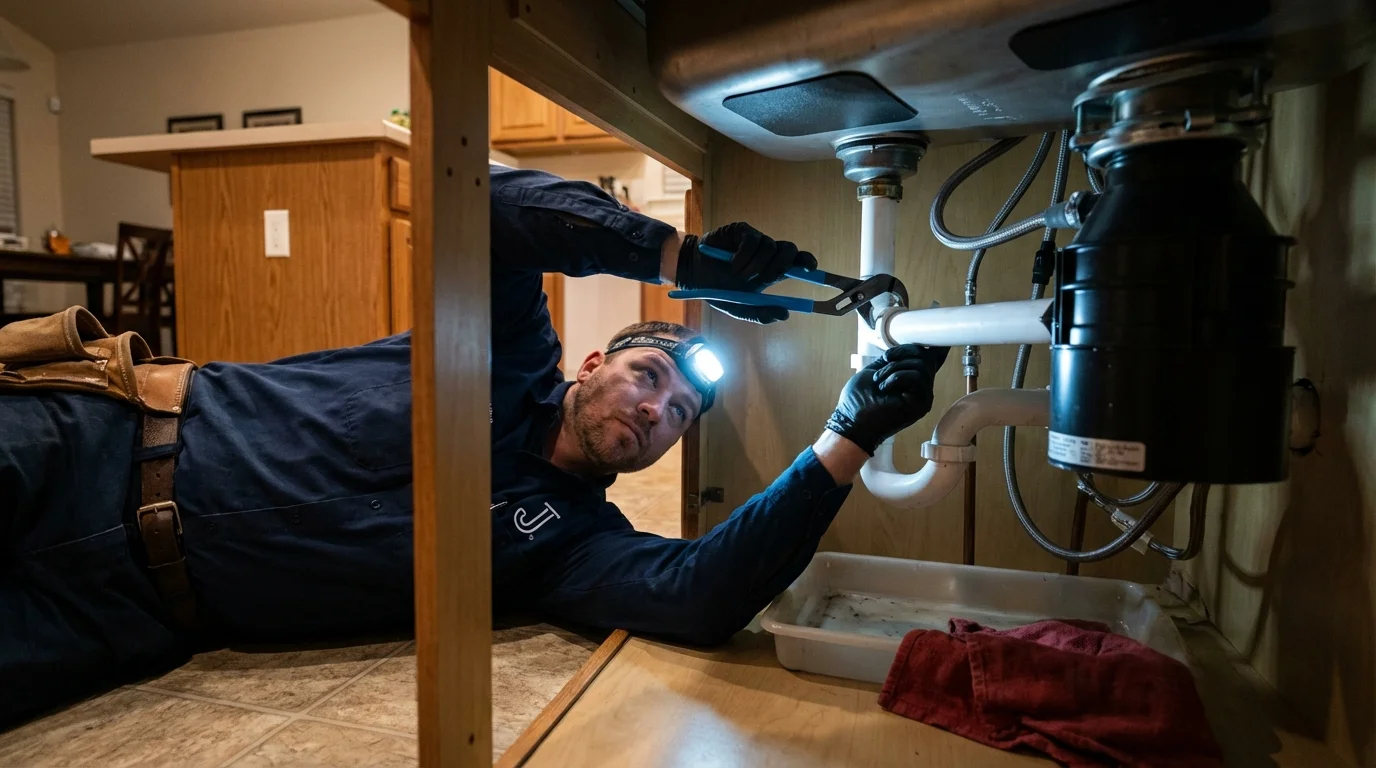 P-trap and supply line connections under a kitchen sink showing a common leak point in Mount Pleasant, PA